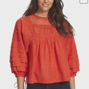 NWT Ella Moss Lyra Pintucked Woven Crochet Puff Sleeve Peasant Top S